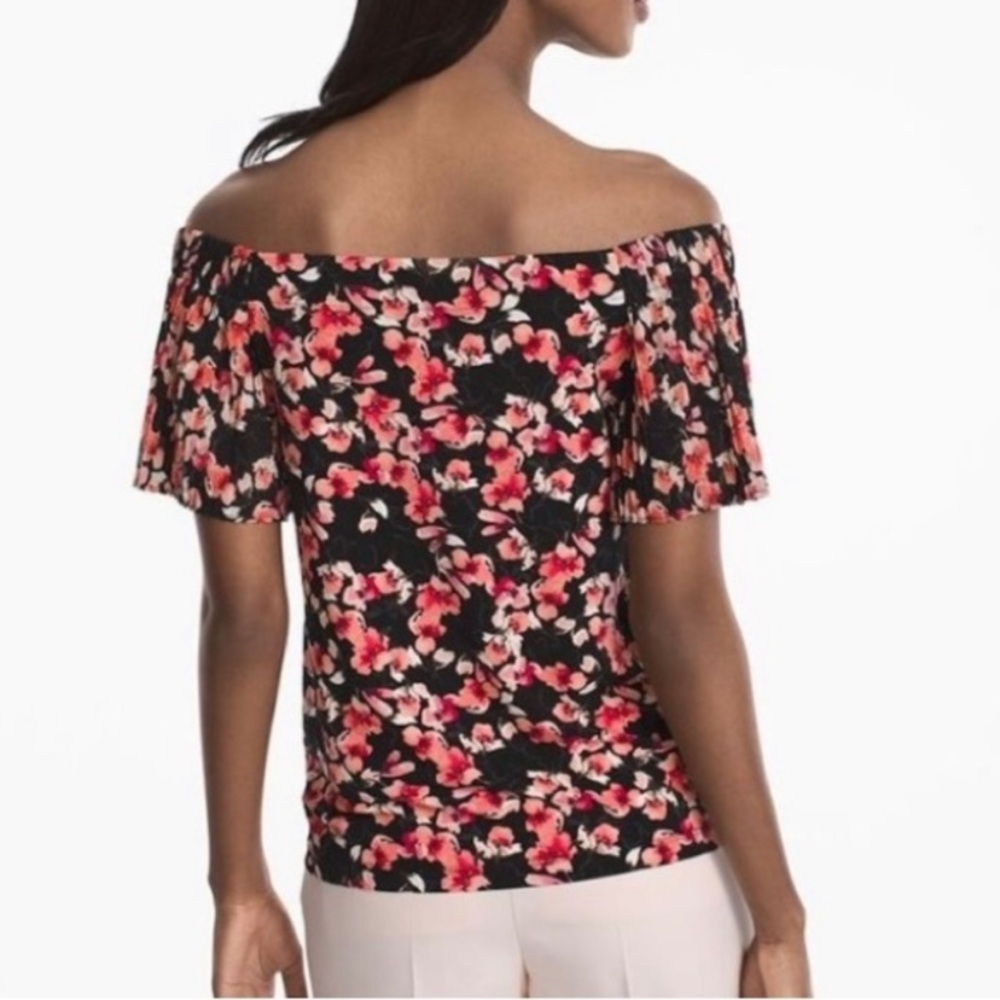 White House Black Market Pink and Black flower off shoulder top